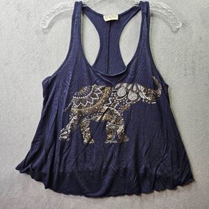 Free Kiss Elephant Foil Print Racerback Shirt Blue Gold Womens Size S